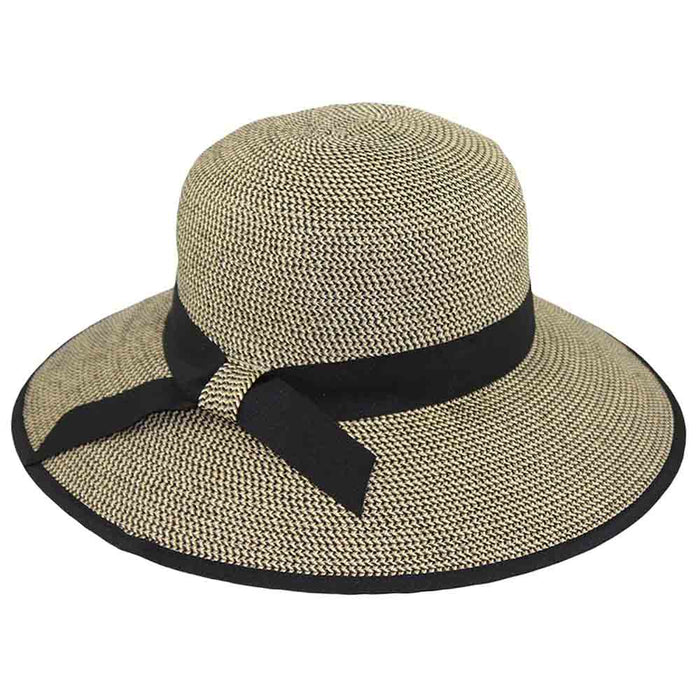 Ribbon Trimmed Wide Brim Sun Hat - Jeanne Simmons Hats Wide Brim Hat Jeanne Simmons Accessories js8255BK Black Tweed Medium (57 cm)