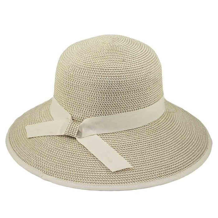 Ribbon Trimmed Wide Brim Sun Hat - Jeanne Simmons Hats Wide Brim Hat Jeanne Simmons Accessories js8255WH White Tweed Medium (57 cm)