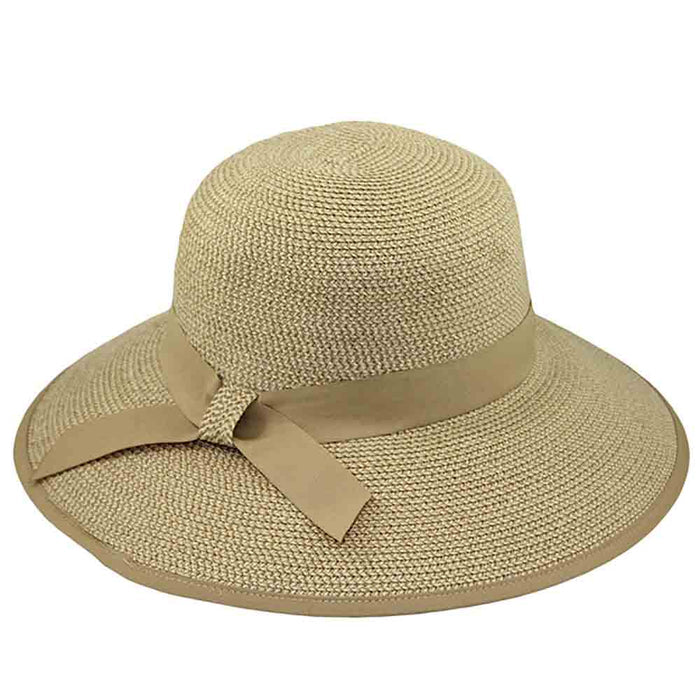 Ribbon Trimmed Wide Brim Sun Hat - Jeanne Simmons Hats Wide Brim Hat Jeanne Simmons Accessories js8255TN Tan Tweed Medium (57 cm)