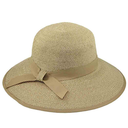 Ribbon Trimmed Wide Brim Sun Hat - Jeanne Simmons Hats Wide Brim Hat Jeanne Simmons Accessories js8255TN Tan Tweed Medium (57 cm)