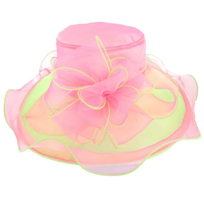 Ruffle Edge Flower Center Derby Hat - Something Special Hats Dress Hat Something Special LA HTO2706PL Hot Pink / Lime