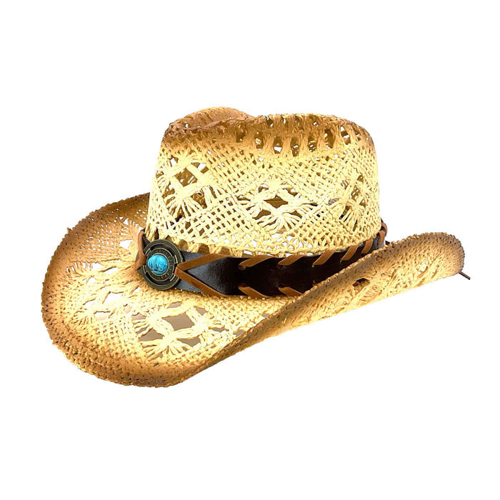 Small Size Macrame Straw Cowboy Hat with Turquoise Bead - Milani Hats Cowboy Hat Milani Hats KST-027 Beige Small
