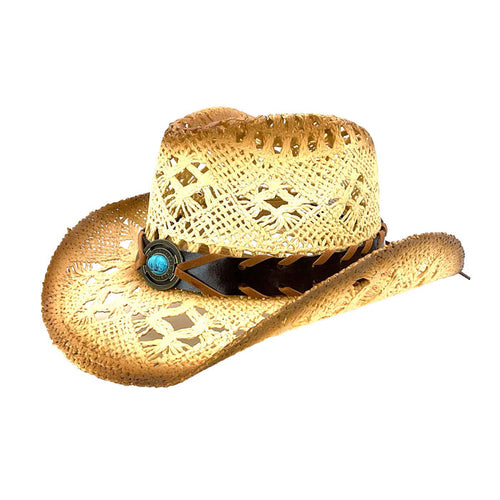 Small Size Macrame Straw Cowboy Hat with Turquoise Bead - Milani Hats Cowboy Hat Milani Hats KST-027 Beige Small