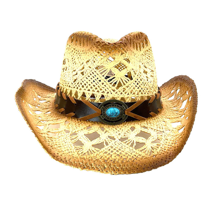 Small Size Macrame Straw Cowboy Hat with Turquoise Bead - Milani Hats Cowboy Hat Milani Hats