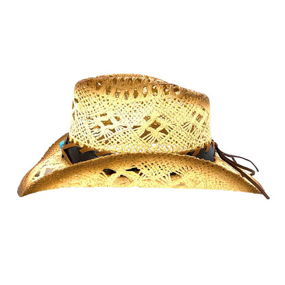 Small Size Macrame Straw Cowboy Hat with Turquoise Bead - Milani Hats Cowboy Hat Milani Hats