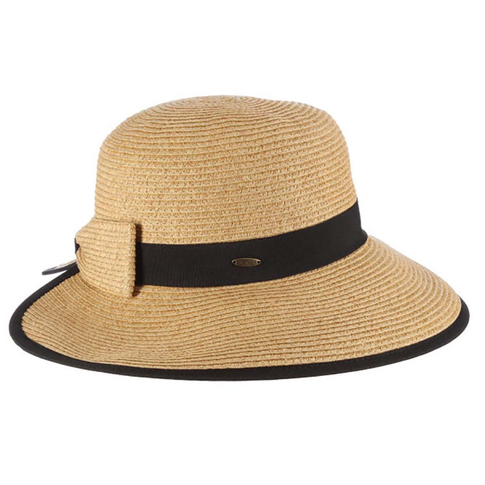 Split Brim Sun Hat with Straw Bow - Scala Collection Hats Wide Brim Hat Scala Hats LP170-TT Toast Medium (57 cm)
