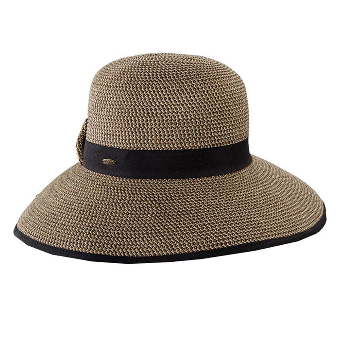 Split Brim Sun Hat with Straw Bow - Scala Collection Hats Wide Brim Hat Scala Hats LP170-BLK Black Tweed Medium (57 cm)