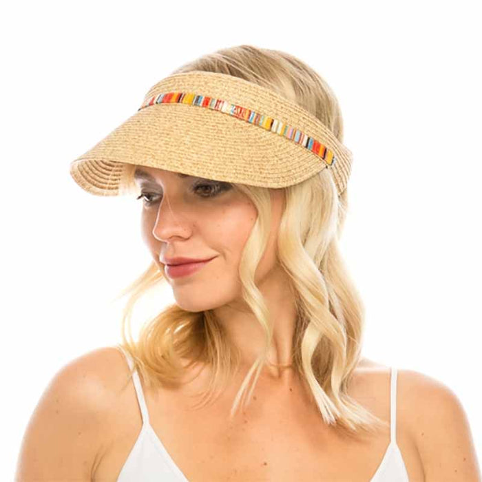 Straw Clip On Sun Visor with Colorful Shimmery Band - Sun 'N' Sand Hats Visor Cap Sun N Sand Hats