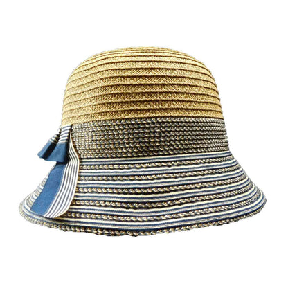 Straw Cloche with Metallic Ribbon Brim Cloche Boardwalk Style Hats