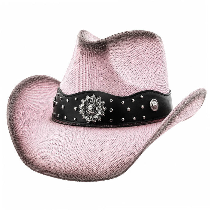 Straw Cowboy Hat with Rhinestone Sunflower Concho - Milani Hats Cowboy Hat Milani Hats ST139T-PINK Pale Pink Large (59 cm)