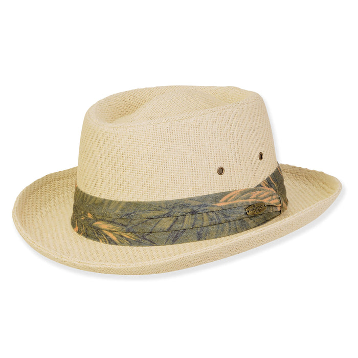 Straw Gambler with Leaf Print 3-Pleat Band - Caribbean Joe Hats Gambler Hat Sun N Sand Hats HCJ449-ML Natural M/L (59 cm)