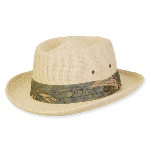Straw Gambler with Leaf Print 3-Pleat Band - Caribbean Joe Hats Gambler Hat Sun N Sand Hats HCJ449-ML Natural M/L (59 cm)