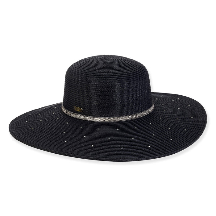 Straw Sun Hat with Rhinestone Studded Brim - Sun'N'Sand Hats Wide Brim Sun Hat Sun N Sand Hats HH3201B Black OS