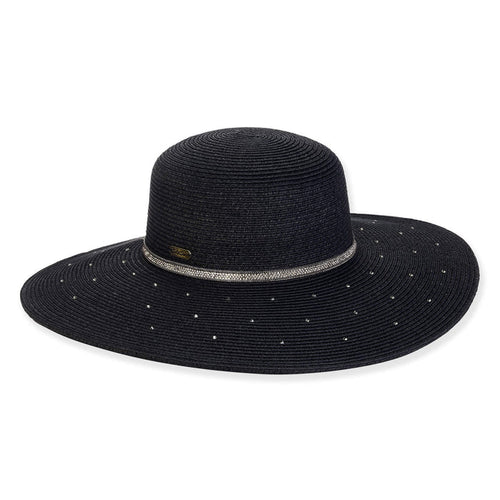 Straw Sun Hat with Rhinestone Studded Brim - Sun'N'Sand Hats Wide Brim Sun Hat Sun N Sand Hats HH3201B Black OS