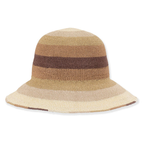 Striped Crocheted Toyo Summer Hat - Sun 'N' Sand Hats Cloche Sun N Sand Hats HH3647 Tan ML (58 cm)
