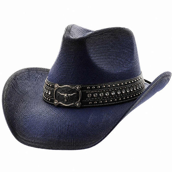 Studded Longhorn Western Straw Hat - Milani Cowboy Hats Cowboy Hat Milani Hats ST130T-NAVY Navy Large (59 cm)