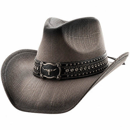 Studded Longhorn Western Straw Hat - Milani Cowboy Hats Cowboy Hat Milani Hats ST130T-GREY Grey Large (59 cm)