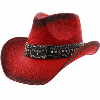 Studded Longhorn Western Straw Hat - Milani Cowboy Hats Cowboy Hat Milani Hats ST130T-RED Red Large (59 cm)