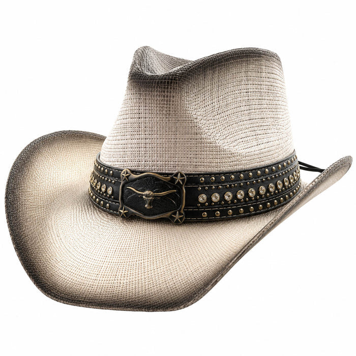 Studded Longhorn Western Straw Hat - Milani Cowboy Hats Cowboy Hat Milani Hats ST130T-WHT White Large (59 cm)