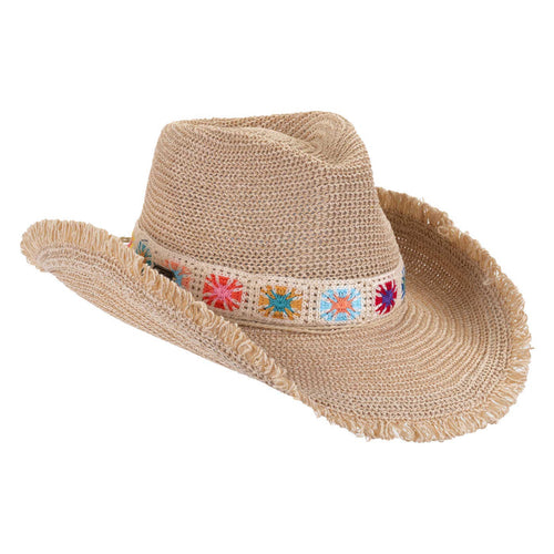 Twisted Link Knit Cowgirl Hat with Embroidered Band - Sun 'N' Sand Hats Cowboy Hat Sun N Sand Hats HH3539 Tan OS (57.5 cm)
