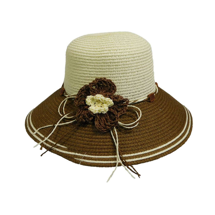 Two Tone Summer Hat with Crochet Flower Wide Brim Hat Jeanne Simmons Accessories WSPS671CR Cream / Brown