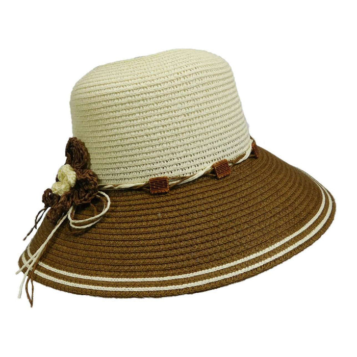 Two Tone Summer Hat with Crochet Flower Wide Brim Hat Jeanne Simmons Accessories