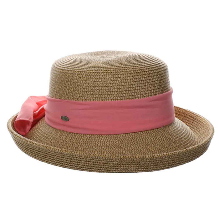 Up Brim Summer Hat with Chiffon Scarf - Scala Collection Hats Kettle Brim Hat Scala Hats LP381-COR Coral OS