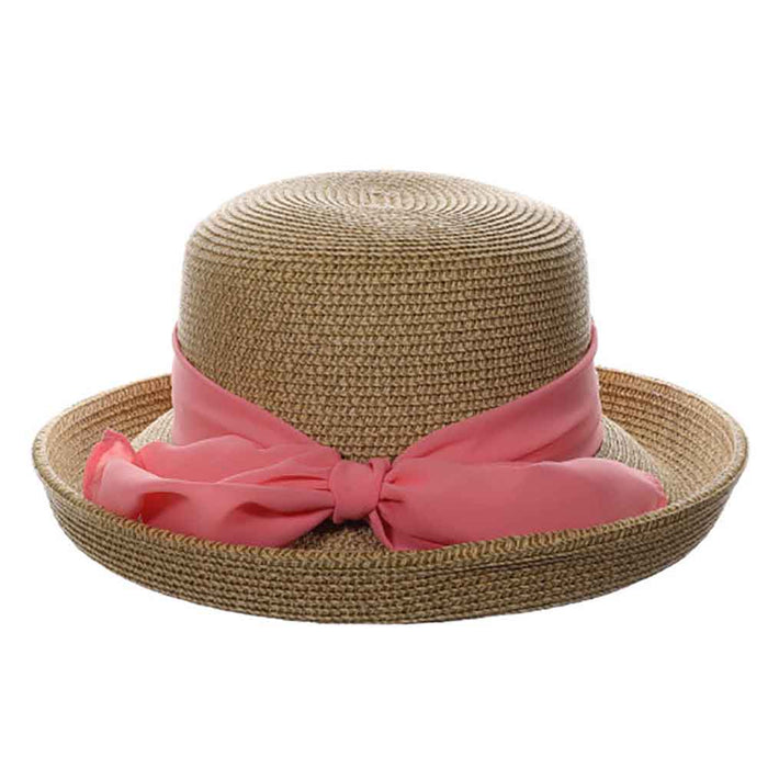 Up Brim Summer Hat with Chiffon Scarf - Scala Collection Hats Kettle Brim Hat Scala Hats