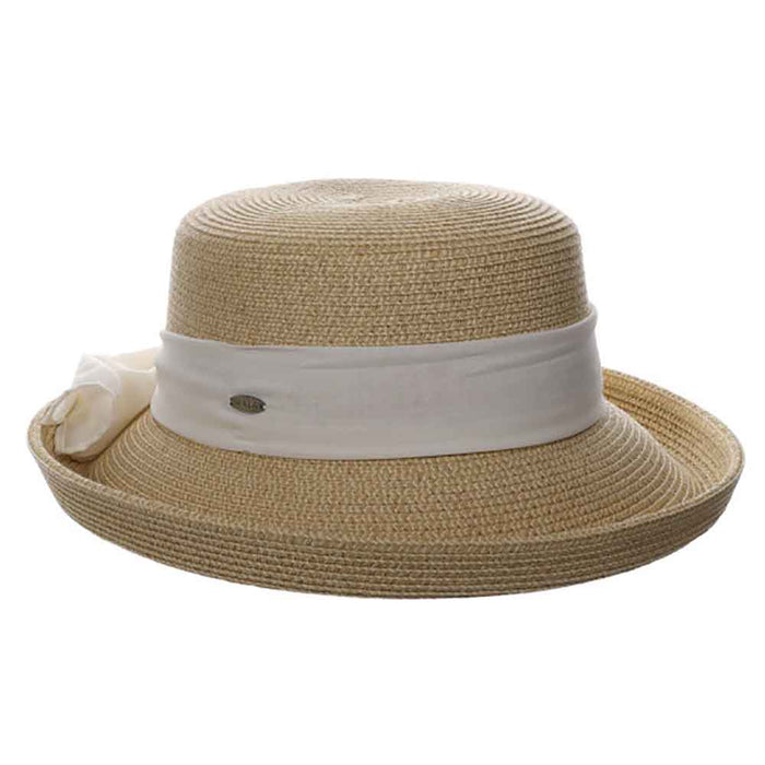 Up Brim Summer Hat with Chiffon Scarf - Scala Collection Hats Kettle Brim Hat Scala Hats LP381-WHT White OS