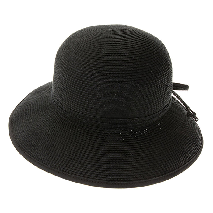 Washable Split Brim Straw Cloche with Double Bow - Boardwalk Style Facesaver Hat Boardwalk Style Hats DA1988-BLK Black OS (57 cm)