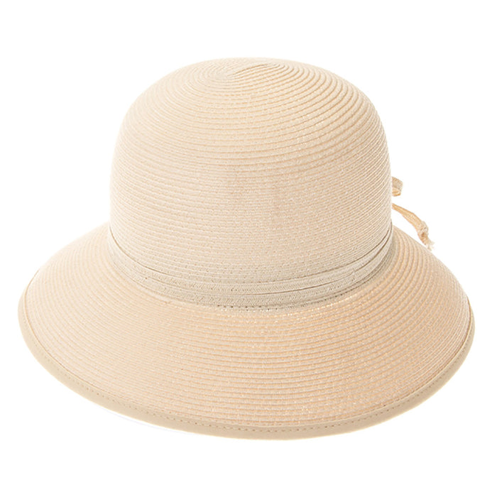 Washable Split Brim Straw Cloche with Double Bow - Boardwalk Style Facesaver Hat Boardwalk Style Hats DA1988-BGE Beige OS (57 cm)