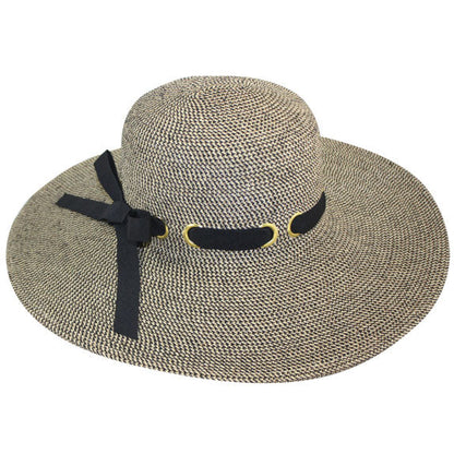 Wide Brim Packable Beach Hat with Ribbon Bow - Jeanne Simmons Hats Wide Brim Sun Hat Jeanne Simmons Accessories JS8338-BLK Black Tweed Medium (57 cm)
