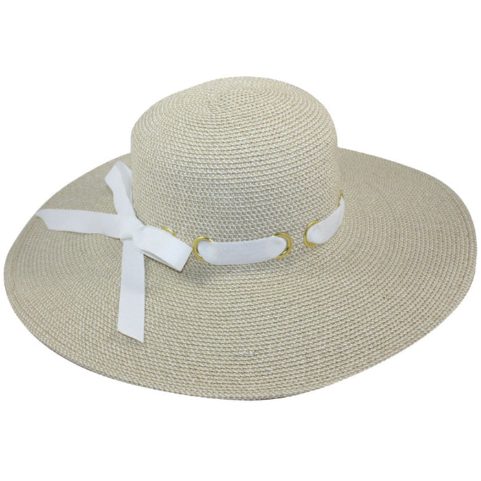 Wide Brim Packable Beach Hat with Ribbon Bow - Jeanne Simmons Hats Wide Brim Sun Hat Jeanne Simmons Accessories JS8338-WHT White Tweed Medium (57 cm)