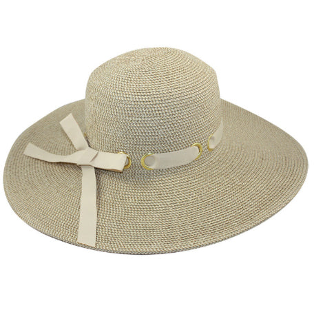 Wide Brim Packable Beach Hat with Ribbon Bow - Jeanne Simmons Hats Wide Brim Sun Hat Jeanne Simmons Accessories JS8338-TAN Tan Tweed Medium (57 cm)