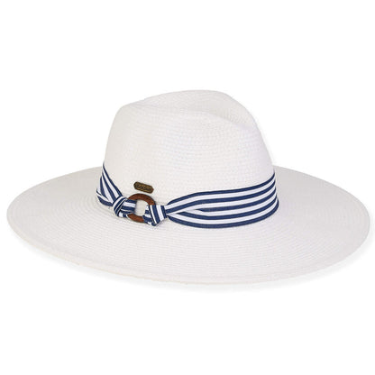 Wide Brim Safari Hat with Blue Striped Band - Sun'N'Sand Hats Safari Hat Sun N Sand Hats HH2809A White OS (57 cm)