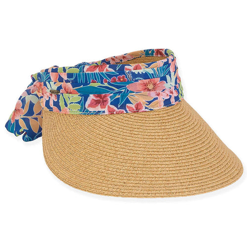 Wide Brim Sun Visor with Floral Print Sash - Caribbean Joe Hats Visor Cap Caribbean Joe HCJ378B Tan