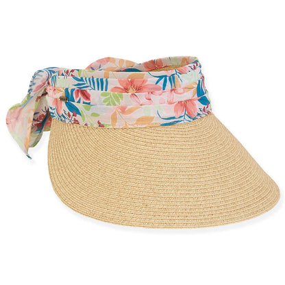 Wide Brim Sun Visor with Floral Print Sash - Caribbean Joe Hats Visor Cap Caribbean Joe HCJ378A Natural