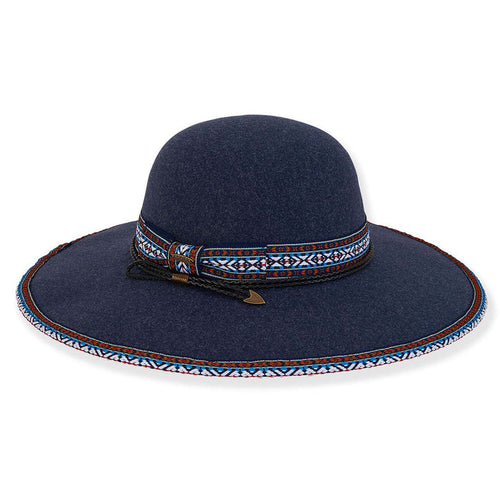 Wide Brim Winter Hat with Tribal Pattern Woven Band - Adora® Hats Floppy Hat Adora Hats AD1573B Navy OS