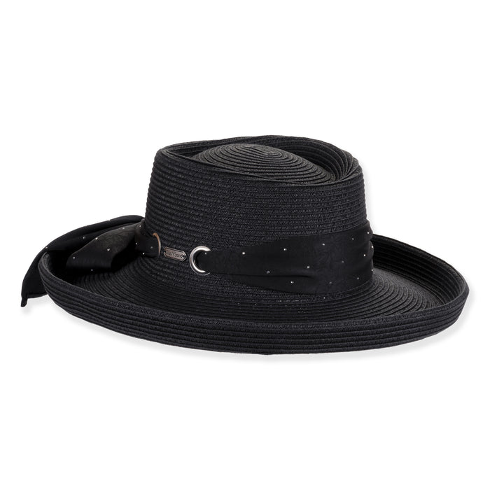 Women's Gambler Hat with Rhinestone Studded Scarf - Sun 'N' Sand Hats Gambler Hat Sun N Sand Hats HH3450B Black M/L (58 cm)