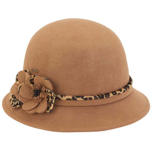 Wool Cloche Hat with Animal Print Accent - Adora® Wool Hats Cloche Adora Hats AD1295B Tan M/L (58 cm)
