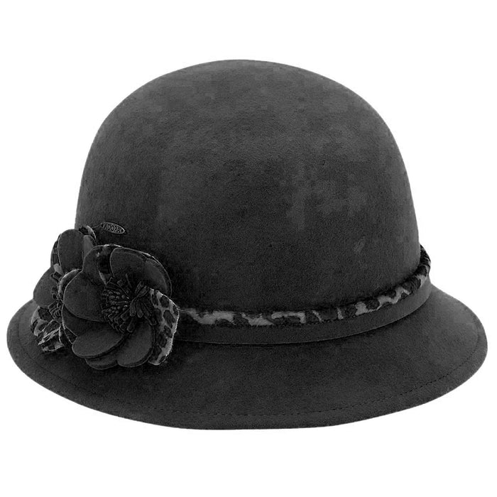 Wool Cloche Hat with Animal Print Accent - Adora® Wool Hats Cloche Adora Hats AD1295A Black M/L (58 cm)