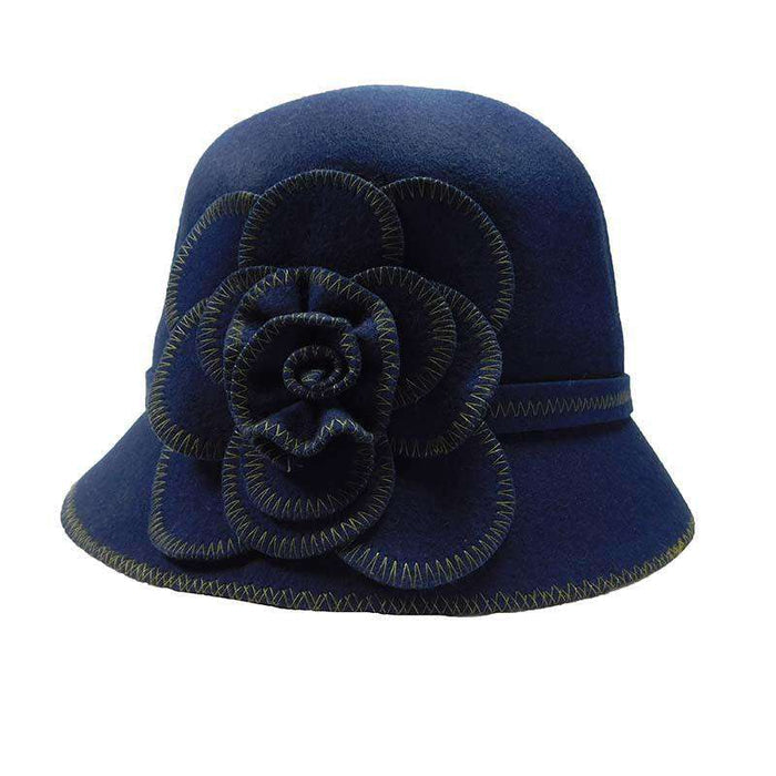 Wool Felt Cloche with Stitched Flower - JSA Cloche Jeanne Simmons Accessories js7431nv Navy OS (22.5")