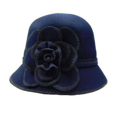 Wool Felt Cloche with Stitched Flower - JSA Cloche Jeanne Simmons Accessories js7431nv Navy OS (22.5")
