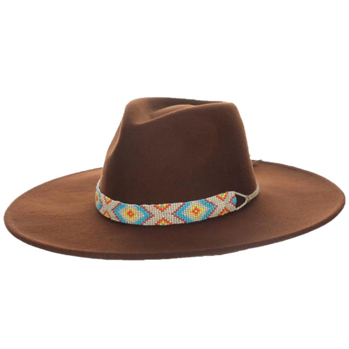 Wool Felt Flat Brim Hat with Tribal Beaded Band - Scala Hats Safari Hat Scala Hats LF280-BRN Brown Medium (57 cm)